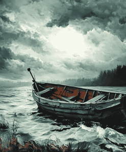 Abandoned Boat Stormy Landscape Diamond Painting