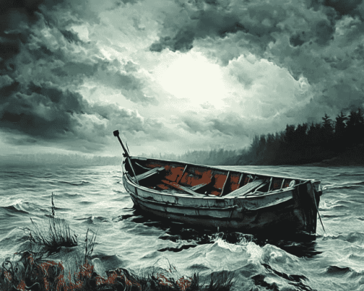 Abandoned Boat Stormy Landscape Diamond Painting