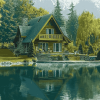 Aesthetic Lakeside Cabin Scene Diamond Painting