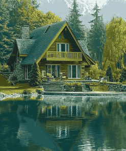 Aesthetic Lakeside Cabin Scene Diamond Painting