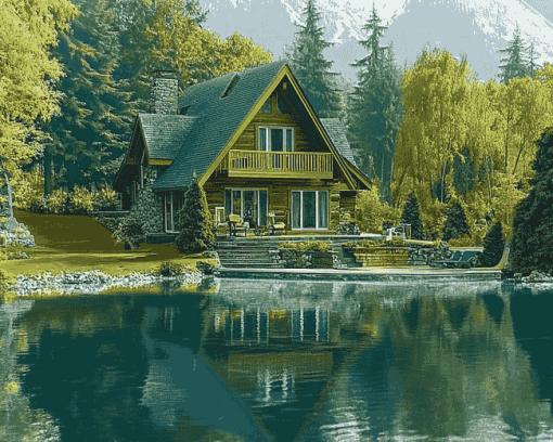 Aesthetic Lakeside Cabin Scene Diamond Painting