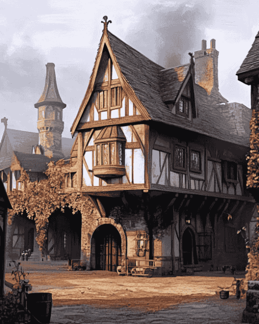 Aesthetic Medieval Inn Building Diamond Painting