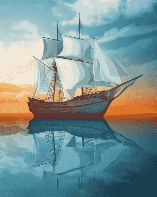 Aesthetic Sail Ship on Ocean Waves Diamond Painting