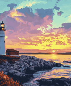 Aesthetic Sunset at Portland Lighthouse Diamond Painting