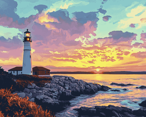 Aesthetic Sunset at Portland Lighthouse Diamond Painting