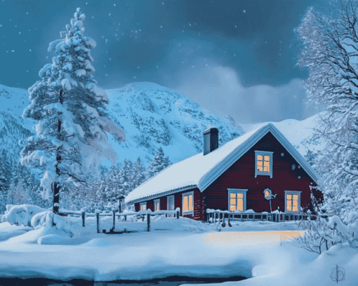 Aesthetic Winter Cabin Norway Diamond Painting