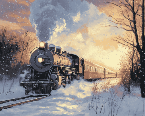 Aesthetic Winter Steam Train Diamond Painting