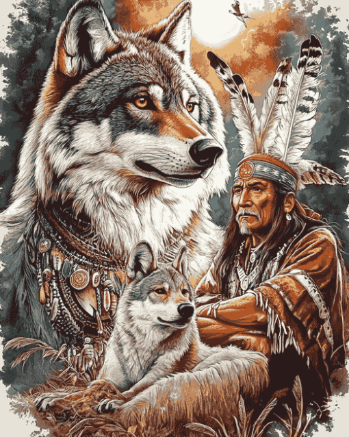 Aesthetic Wolf and Indian Chief Diamond Painting