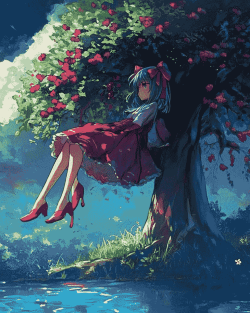 Anime Girl Under Tree Diamond Painting