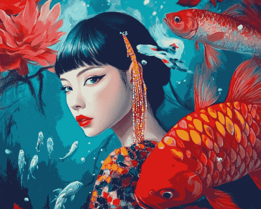 Asian Lady with Fish Diamond Painting