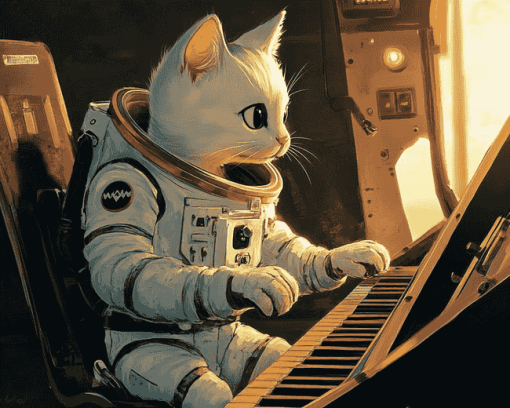 Astronaut Cats and Piano Diamond Painting