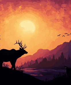 Bear and Elk Sunset Silhouette Diamond Painting