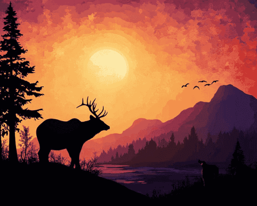 Bear and Elk Sunset Silhouette Diamond Painting