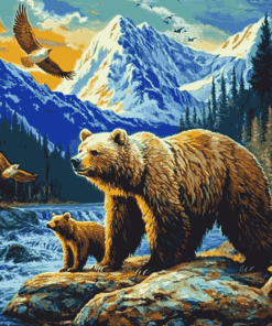 Bears and Eagles in Colorful Mountains Diamond Painting