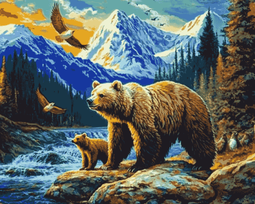 Bears and Eagles in Colorful Mountains Diamond Painting