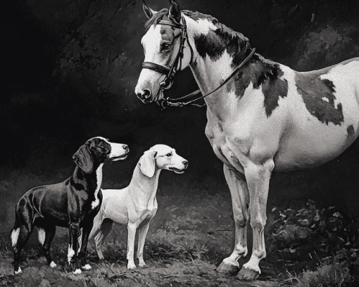 Black And White Horse And Hound Diamond Painting