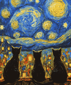 Black Cats Under Starry Nights Diamond Painting