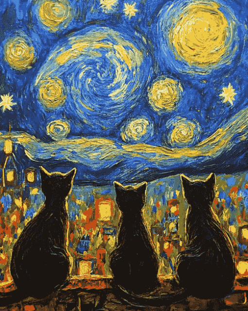 Black Cats Under Starry Nights Diamond Painting