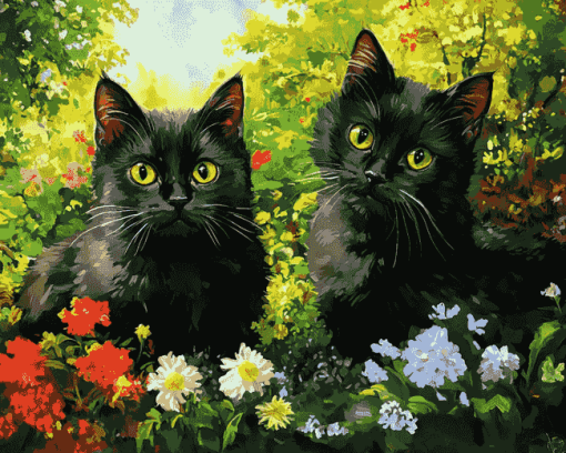 Black Cats in the Garden Diamond Painting