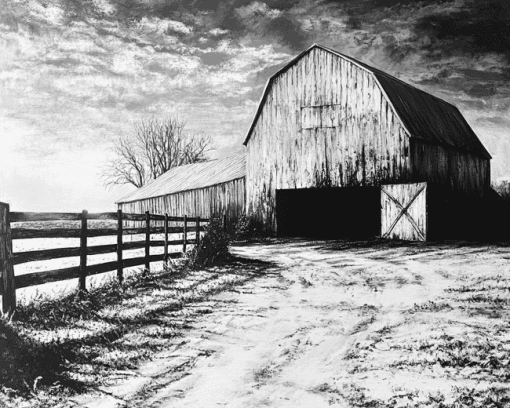 Black and White Barn Landscape Diamond Painting