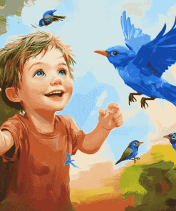 Blue Boy and Bird Kids Diamond Painting