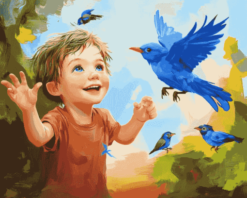 Blue Boy and Bird Kids Diamond Painting