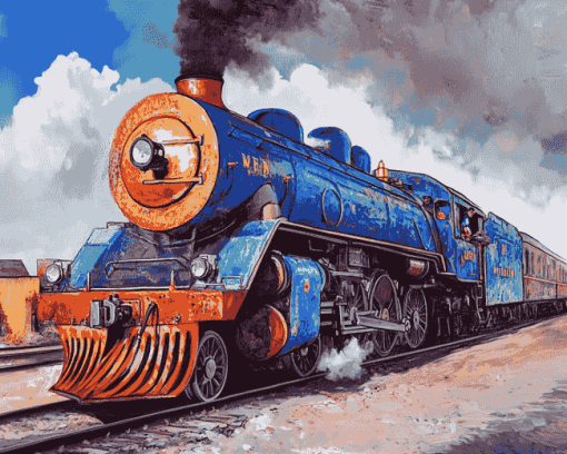 Blue Steam Train Diamond Painting