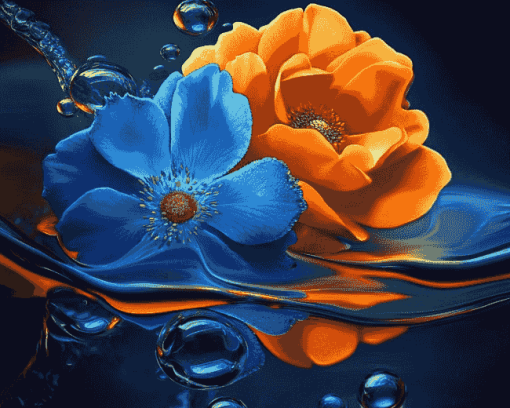 Blue and Orange Floral Diamond Painting