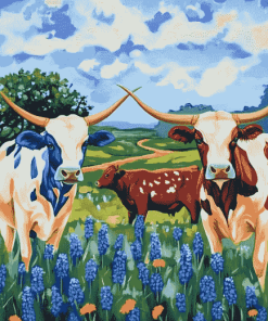 Bluebonnets Longhorn Cattle Diamond Painting