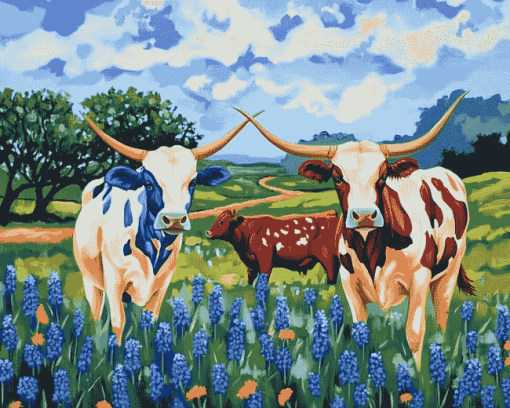 Bluebonnets Longhorn Cattle Diamond Painting