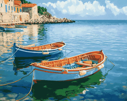 Bright Mediterranean Seascape Boats Diamond Painting