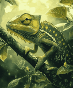 Cameleon on Green Branch Diamond Painting