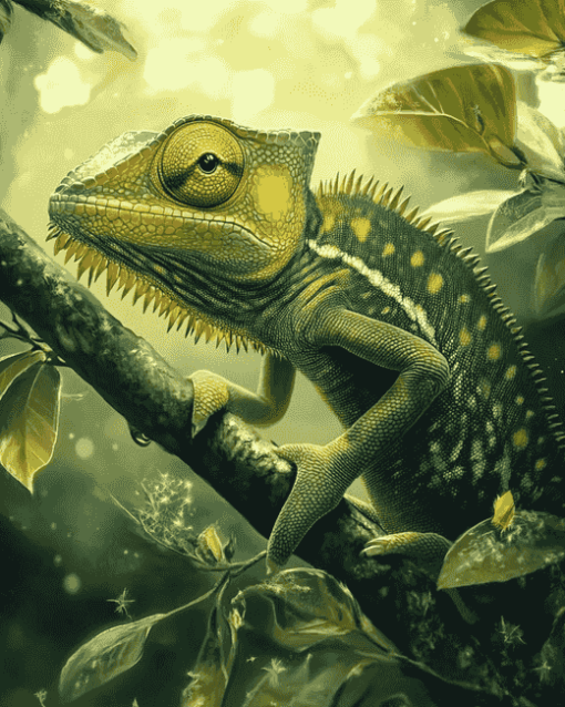 Cameleon on Green Branch Diamond Painting