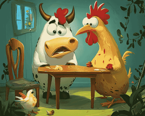 Cartoon Adventure Cow And Chicken Diamond Painting