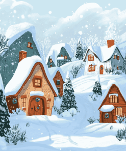 Cartoon Houses in Winter Diamond Painting