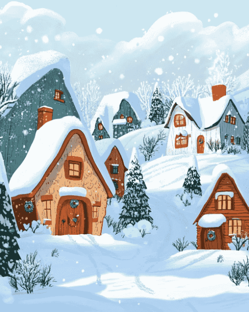 Cartoon Houses in Winter Diamond Painting