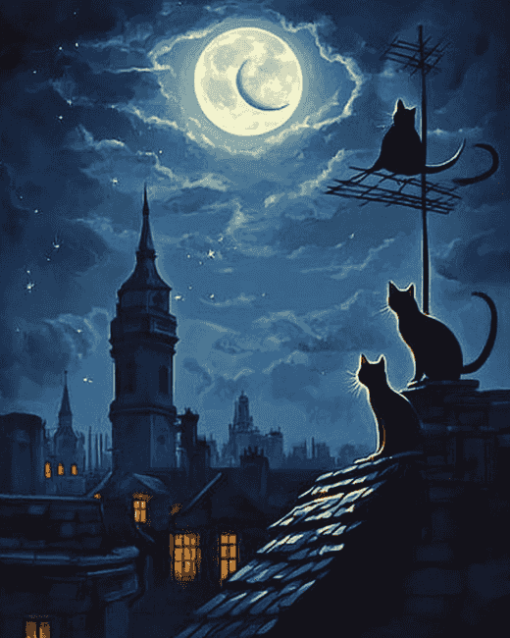 Cat Nights on Roofs Diamond Painting