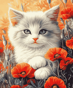 Cat and Poppies Diamond Painting