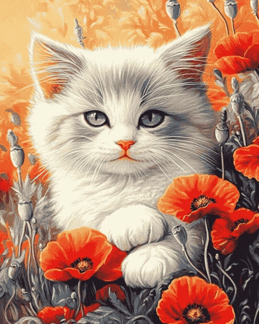 Cat and Poppies Diamond Painting