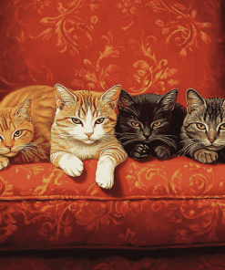 Cats Relaxing on Red Sofa Diamond Painting