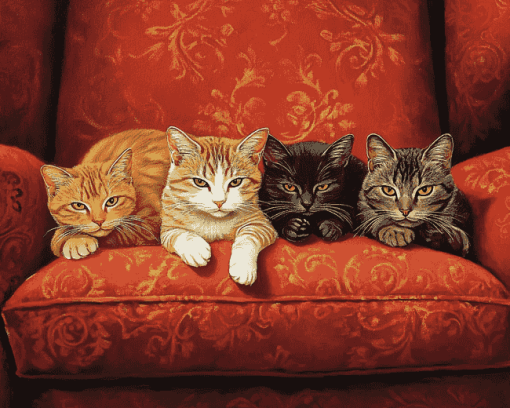 Cats Relaxing on Red Sofa Diamond Painting