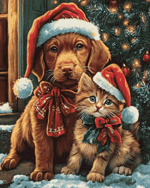 Christmas Cat and Dog Diamond Painting