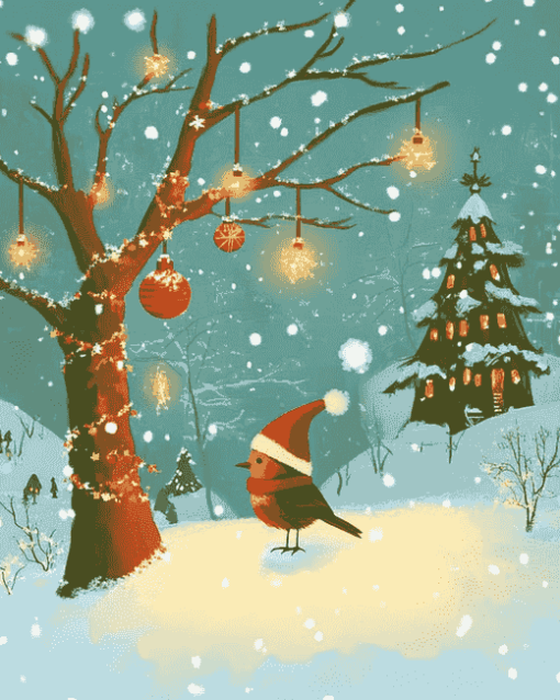 Christmas Robin Winter Scene Diamond Painting