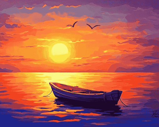 Colorful Sunset Boat Seascape Diamond Painting