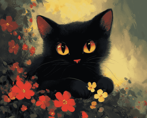 Cute Black Kitties with Flowers Diamond Painting