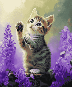 Cute Kitten with Purple Blooms Diamond Painting