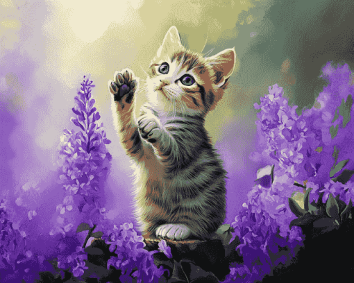 Cute Kitten with Purple Blooms Diamond Painting