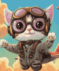 Cute Pilot Kitty Diamond Painting