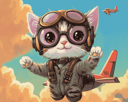 Cute Pilot Kitty Diamond Painting