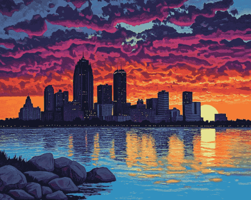 Detroit Skyline at Sunset Diamond Painting